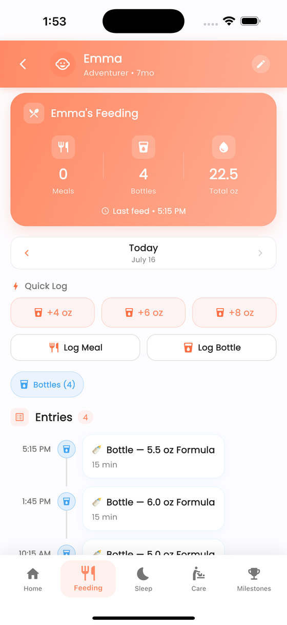Feeding tracker screen